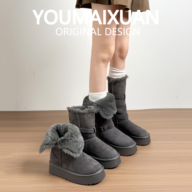女款长款厚底雪地靴灰色长筒冬季2025新款增高加绒加厚高筒棉鞋子