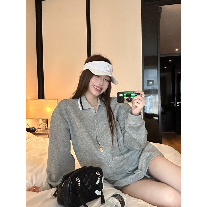 复古慵懒翻领长袖卫衣外套女秋季运动风套装灰色抽绳半身裙两件套