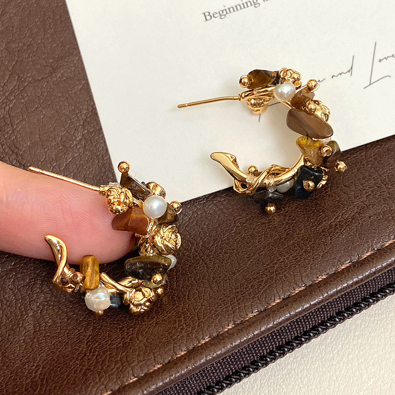 铜合金亚克力耳饰 金色C圈美拉德花朵缠绕耳钉女高级小众耳环耳饰