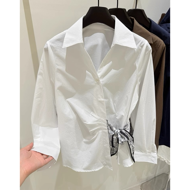 2026早春新款韩版时尚翻领系带收腰显瘦百搭长袖衬衫女上衣