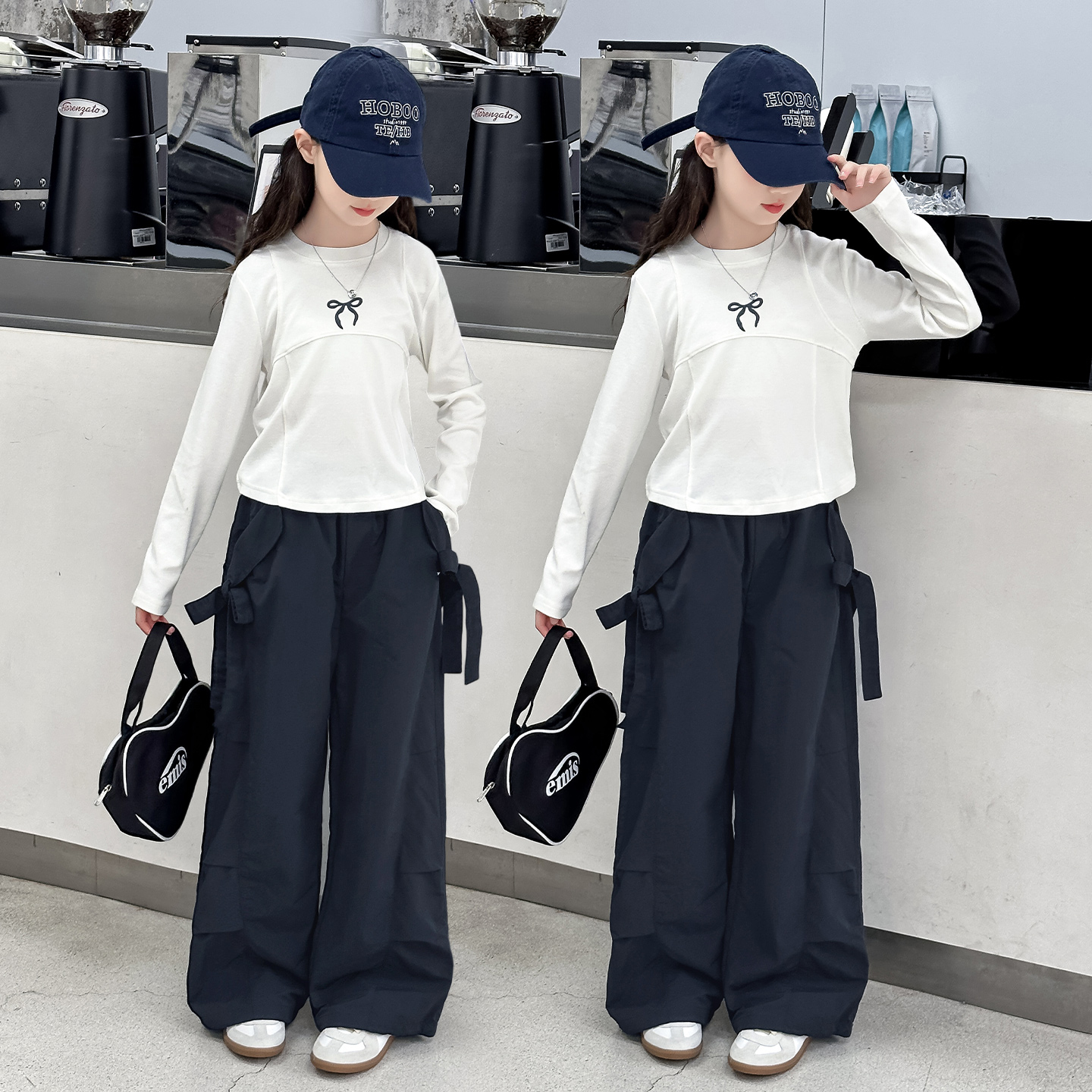 洋气童装秋季阔腿字母蝴蝶结宽松休闲风套装女孩打底阔腿韩版潮流