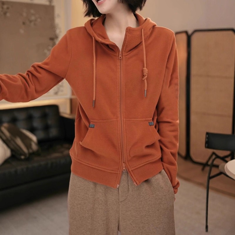 双拉链抽绳连帽卫衣外套女秋冬新款胖MM大码女装显瘦洋气减龄上衣