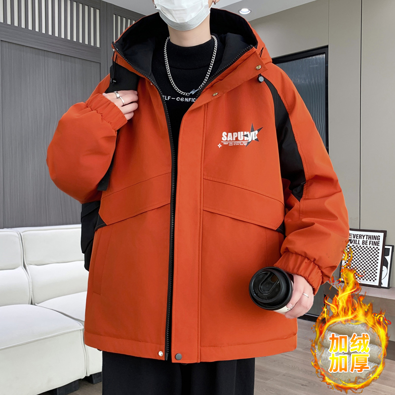 青少年学生冬季夹克男韩版潮牌帅气加绒加厚保暖工装秋冬男士外套