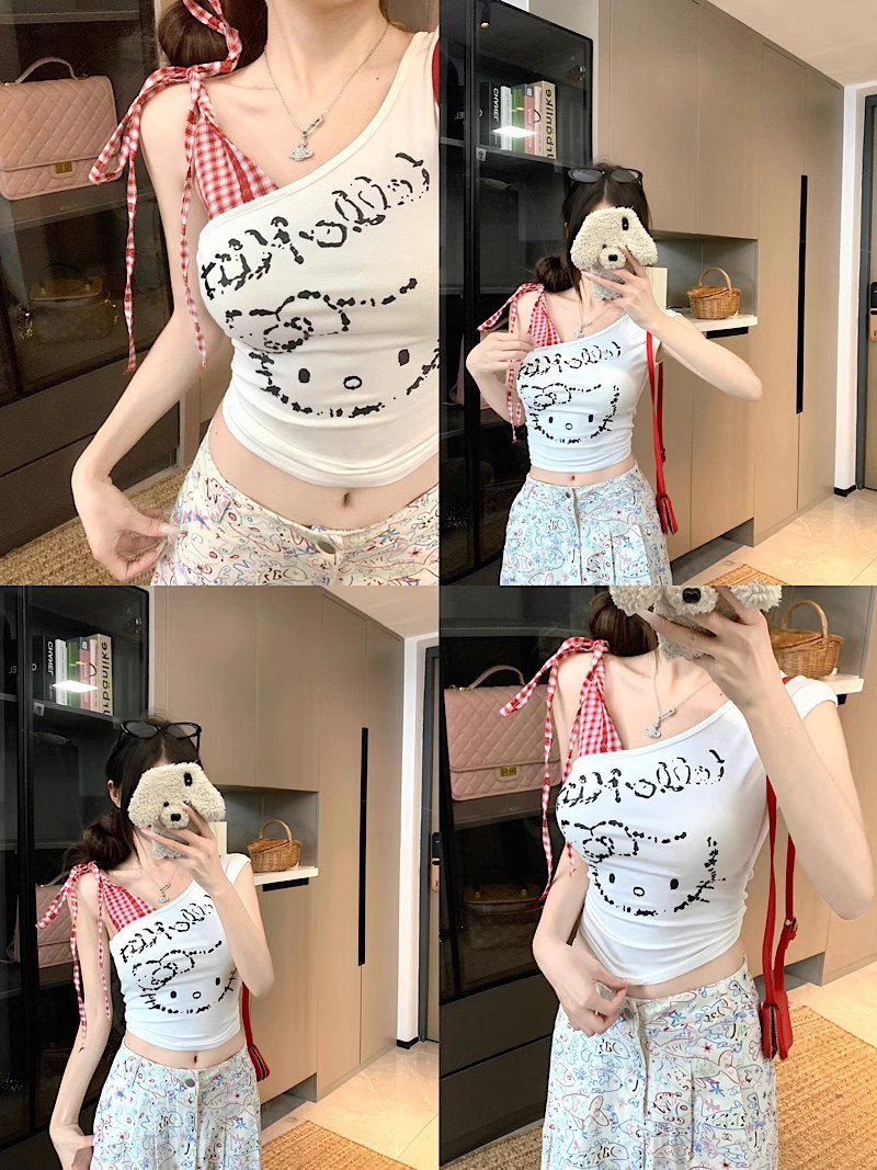 【甜辣妹吊带 带胸垫】红格子拼接短袖露肩女设计感斜肩短款上衣