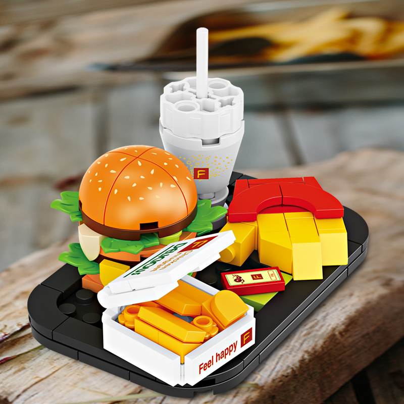 积木美食物汉堡寿司火锅北京烤鸭拉面牛扒套餐过家家厨房拼装玩具