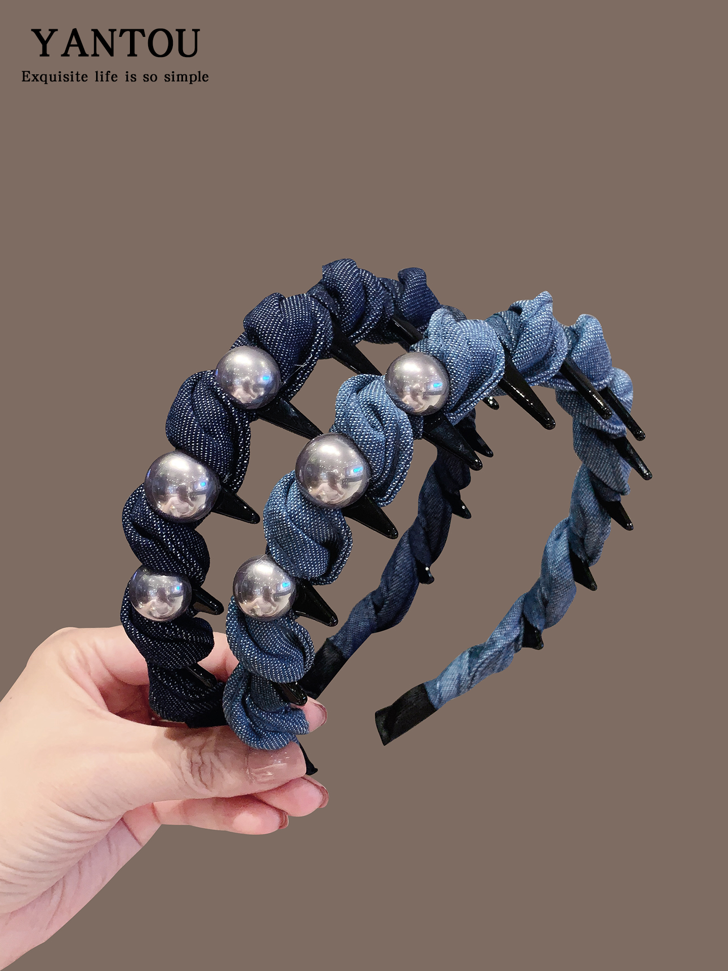 韩系原创设计牛仔发箍韩系珍珠压发卡带齿碎发卡女增高颅顶头箍女