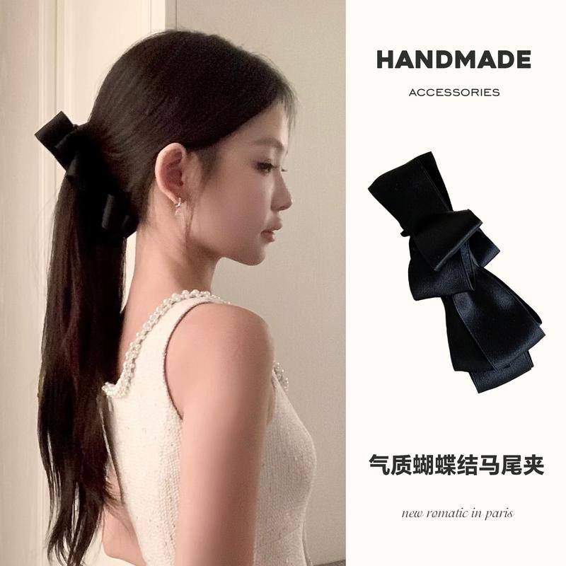 韩系缎面黑色蝴蝶结香蕉夹女后脑勺抓夹马尾夹竖夹头饰发卡发饰品
