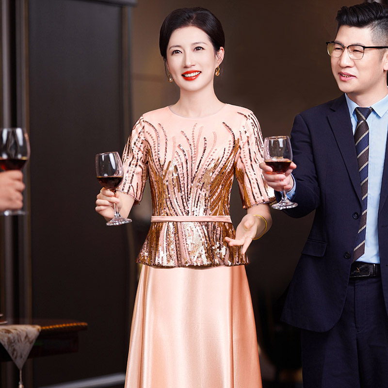 5924高端大气年轻妈妈礼服中式旗袍裙假两件宴会高贵喜婆婆婚宴装