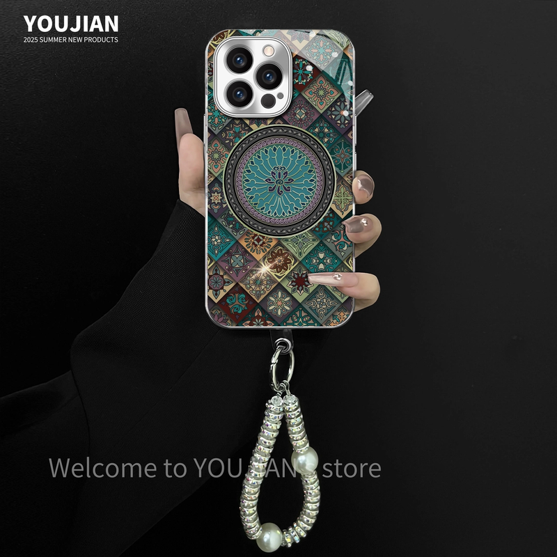 电镀玻璃适用苹果/oppo/华为/vivo/小米五彩图腾蓝莲花创意手机壳