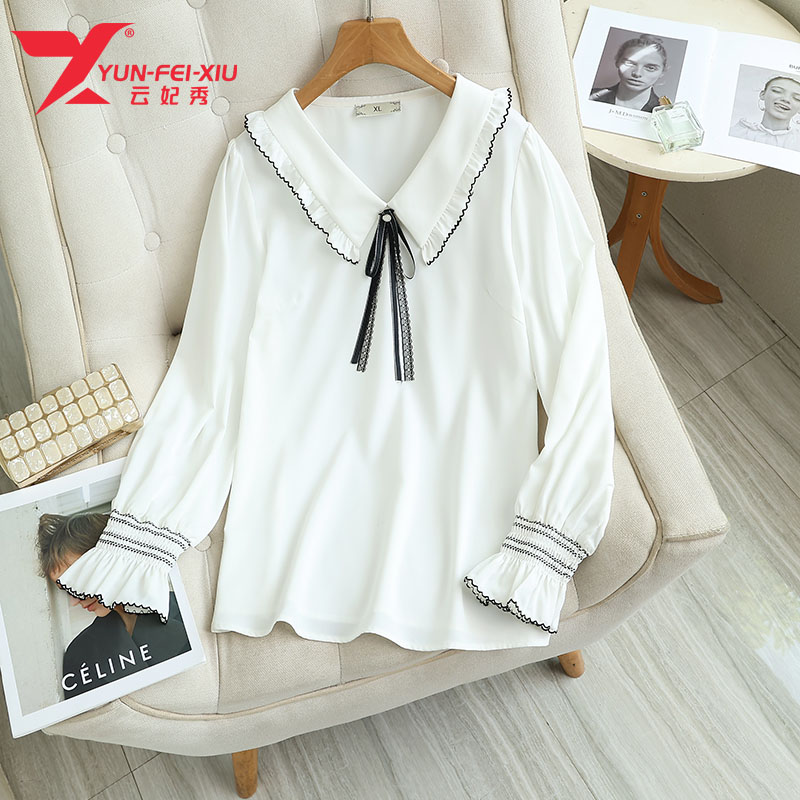 云妃秀大码女装雪纺衫时尚休闲百搭宽松显瘦撞色气质秋季89500