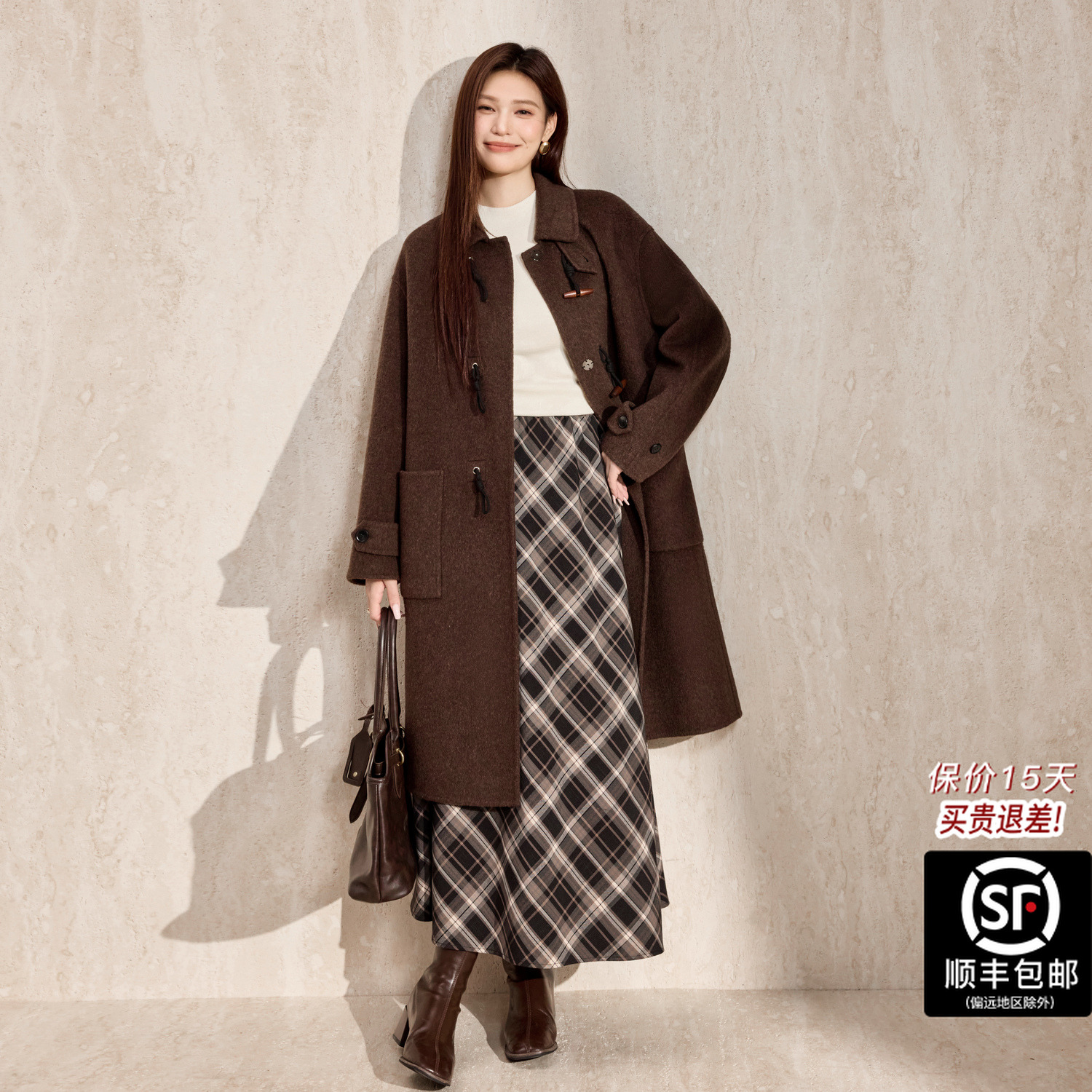 蓝语大码女装复古牛角扣翻领双面呢大衣2025秋冬新款显瘦毛呢外套