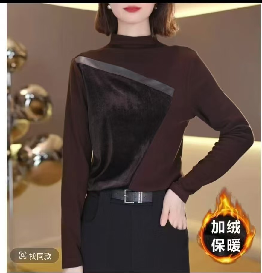 丝绒拼接一体绒~2025秋冬新款时尚洋气百搭长袖打底衫女上衣79129