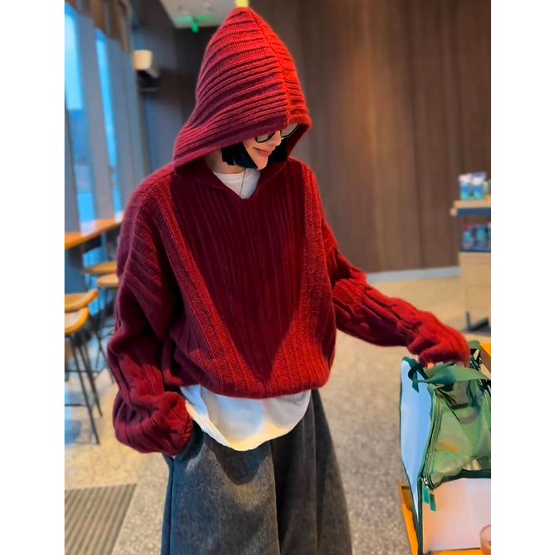 欧洲站2024秋季新款时髦洋气减龄纯色宽松长袖百搭法式针织连帽衫