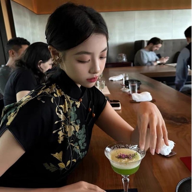 新中式复古印花改良旗袍女夏季新款民国风气质优雅修身显瘦连衣裙