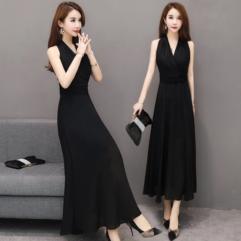 2025年夏季长裙显瘦黑色显瘦连衣裙时尚收腰裙子气质女装韩版