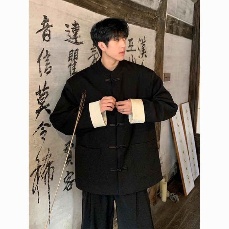 九牧王新中式黑色休闲外套男复古气质春秋款小众全套立领盘