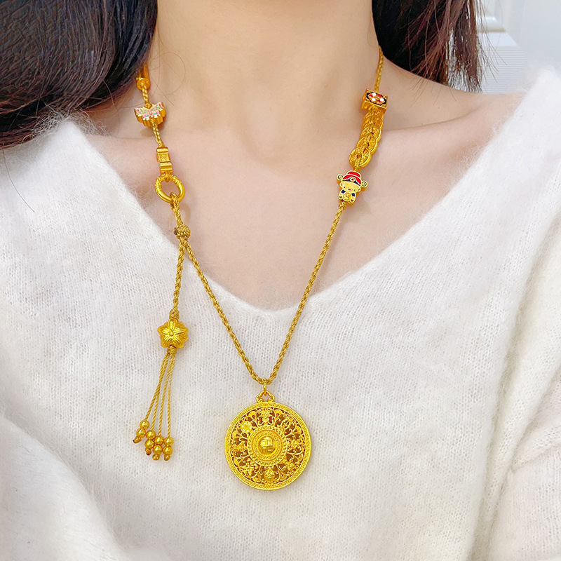 铜合金项链 财神镂空花丝福牌八宝罗盘吊坠项链算盘铃铛圆牌挂坠