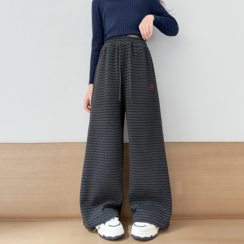 女童加绒卫裤洋气阔腿裤中大童时尚条纹直筒裤儿童秋冬加厚休闲裤