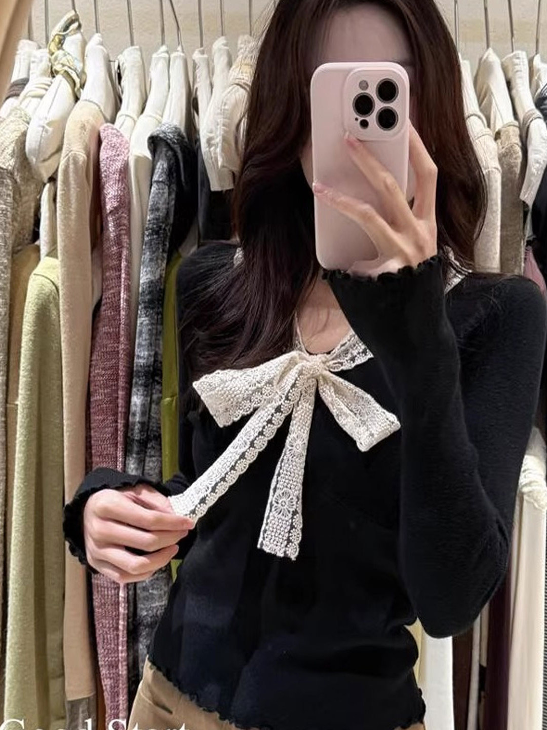 法式蕾丝蝴蝶结长袖打底针织衫女独特漂亮修身显瘦内搭上衣I2-66