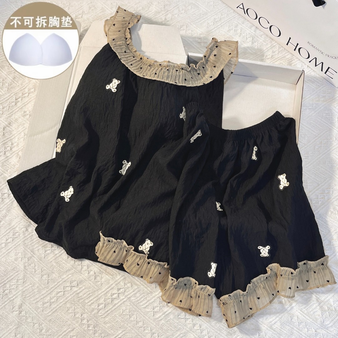 带胸垫睡衣女夏季薄款云朵棉甜美可爱公主家居服无袖吊带短裤套装