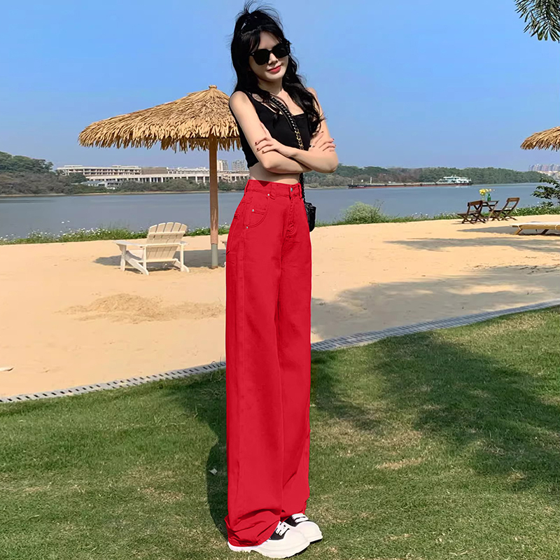 2025夏季新款多巴胺本命年大红色直筒牛仔裤女高腰显瘦垂感拖地裤