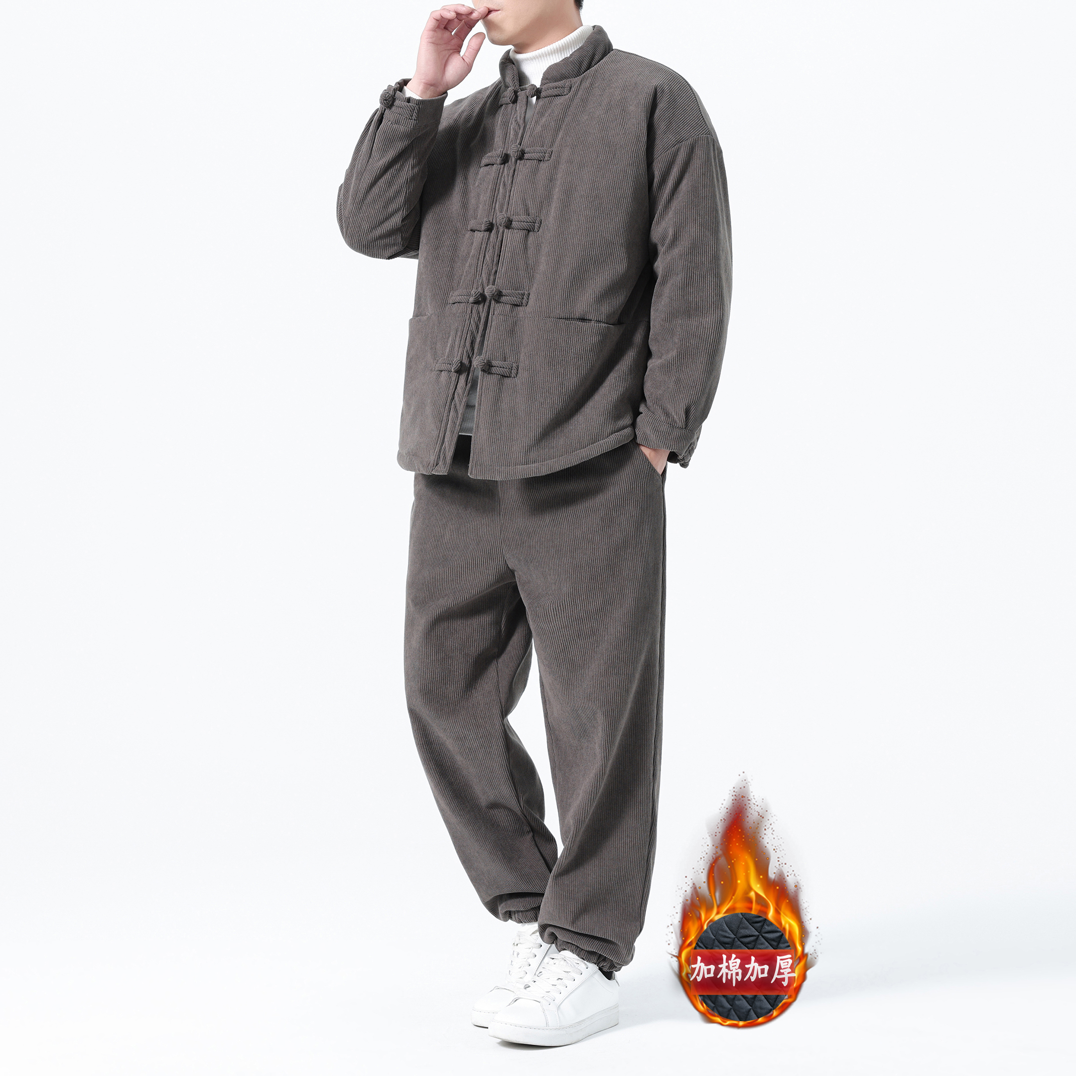 2025冬季新款棉衣男两件套加棉加厚灯芯绒大码休闲套装棉袄爸爸装