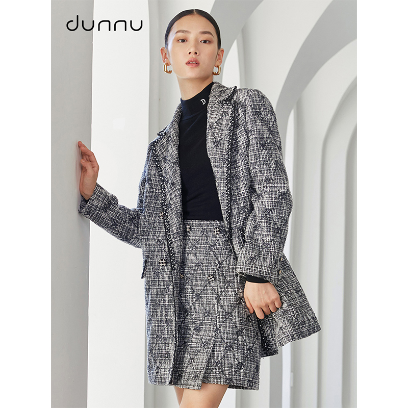 dunnu敦奴粗花呢格纹大翻领西装外套DQ562102