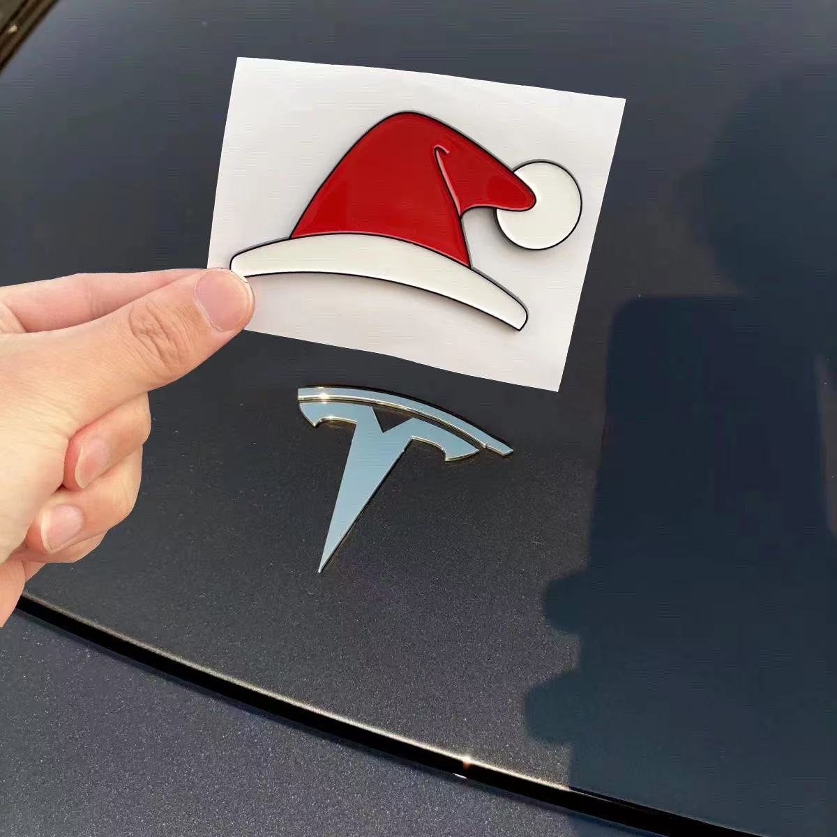 特斯拉创意车贴财神帽圣诞帽趣味图案3D立体车贴个性车标前备箱贴