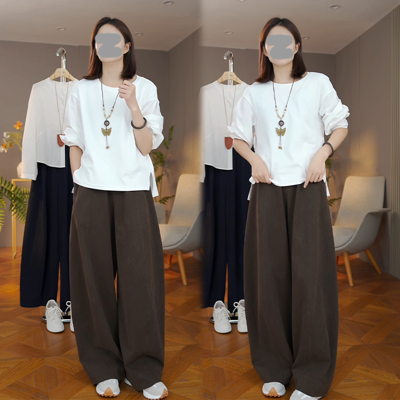 老钱风松驰感套装女2025春秋新款不规则开叉长袖t恤阔腿裤两件套