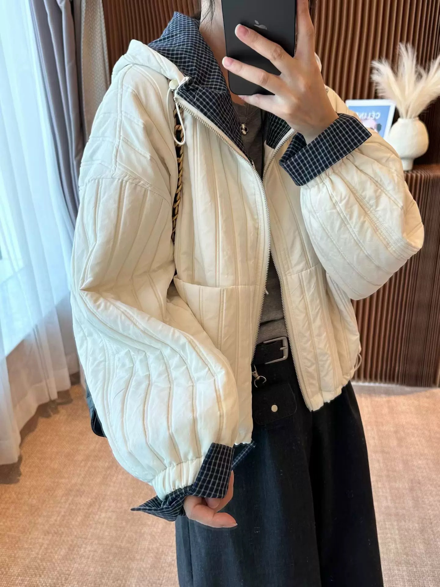 连帽保暖宽松型长袖压花包袖棉服棉衣格子拼色秋冬立领