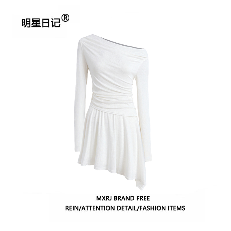 明星日记韩素希同款2025年秋白色斜肩连衣裙不规则设计长袖收腰裙