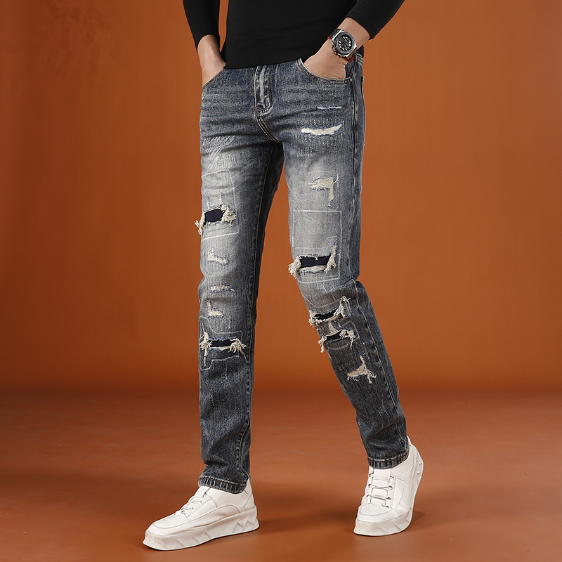 破洞男士牛仔裤男款修身小脚裤爆款2025新款秋冬弹力痞帅潮男裤子