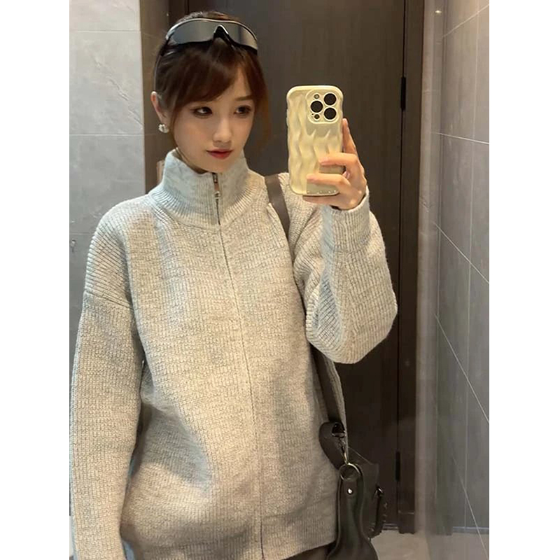 weere秋冬新品针织拉链外套男女款美式复古高领针织衫高级感毛衣