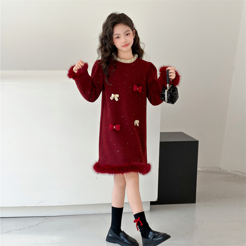 女童加绒连衣裙2025冬季长袖红色中大童洋气喜庆高端女孩拜年裙子