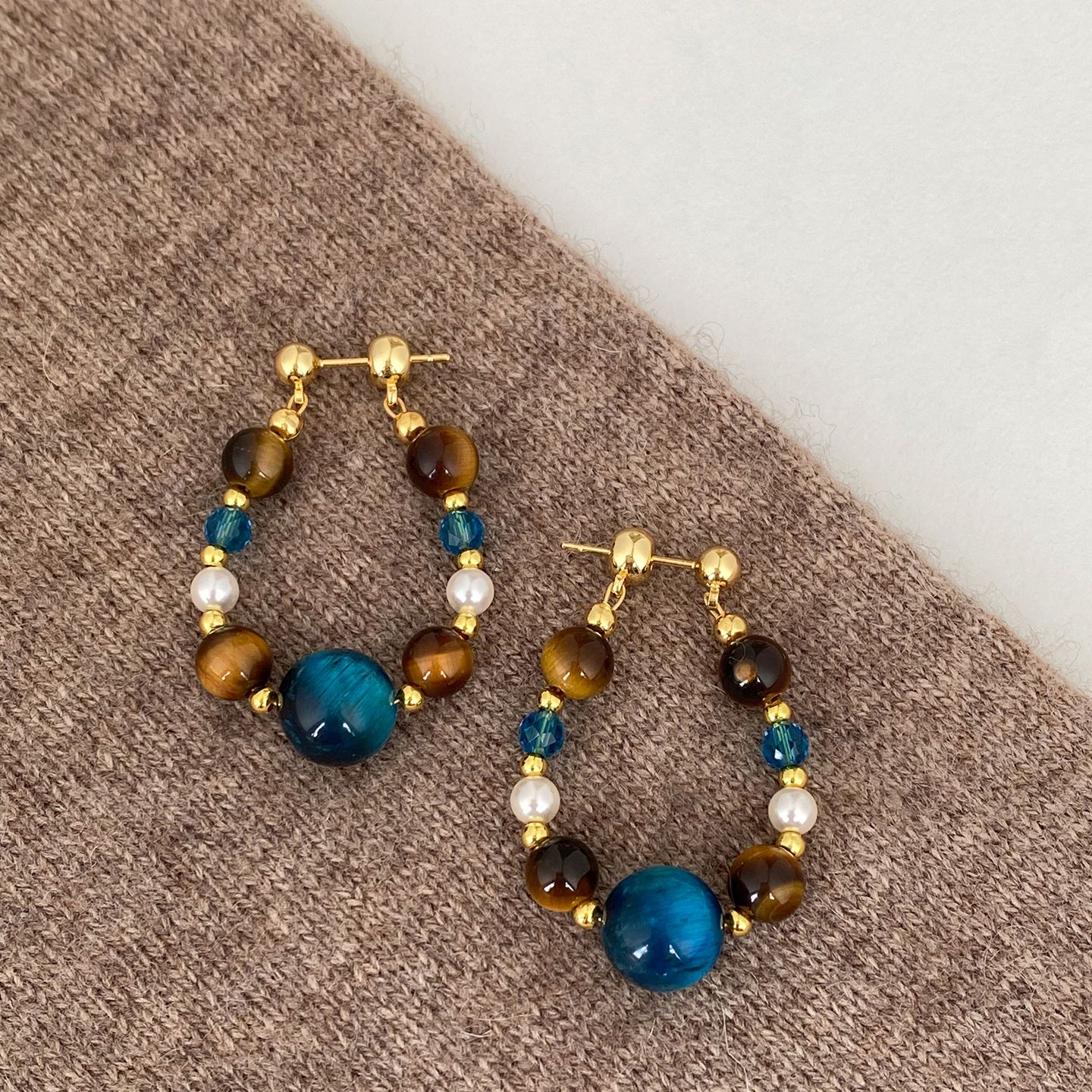 铜合金耳饰 原创设计少女风简约撞色串珠耳环女新中式复古耳钉