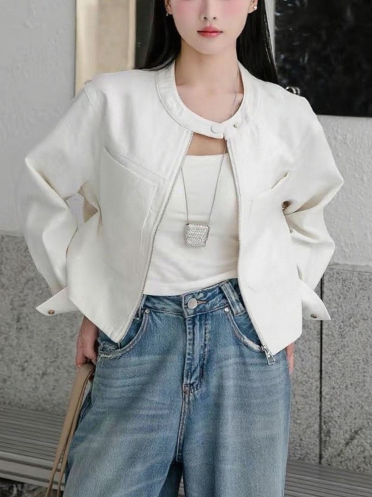 韩系设计感圆领夹克外套女2025秋季时尚宽松百搭显瘦减龄夹克上衣