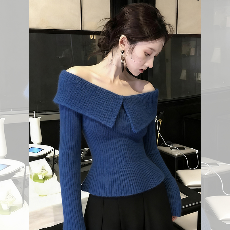洋气高贵独特漂亮露肩上衣一字肩内搭打底针织小衫女装秋冬季穿搭