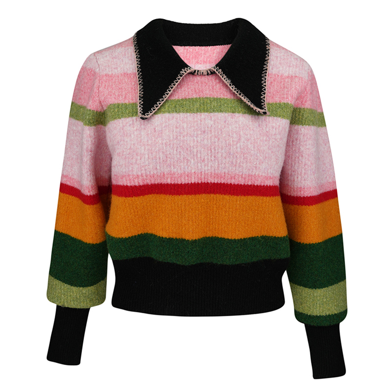 JUNGLE ME彩虹POLO领条纹毛衣轻职风套头款女彩色慵懒毛衣秋冬