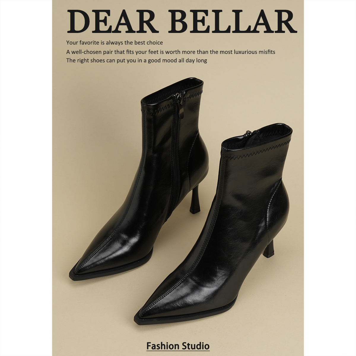 法式时尚黑色高跟女短靴欧美风配大衣时装靴秋冬尖头细跟瘦瘦靴