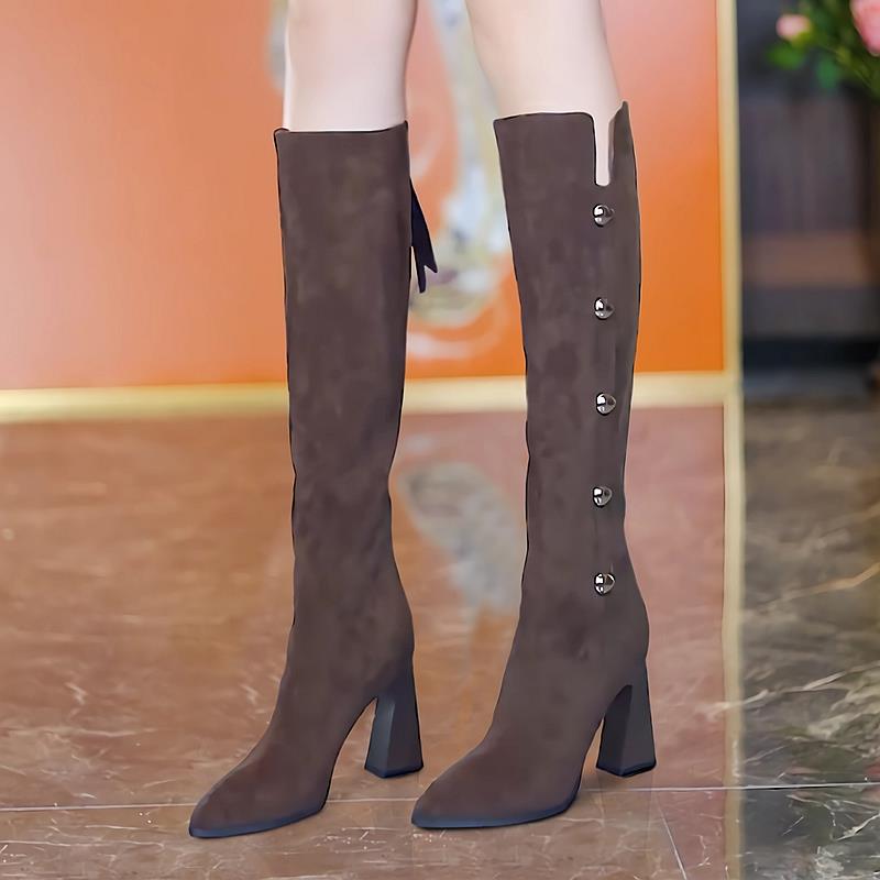 韩版不过膝高跟长靴女高筒靴2024年秋冬新款尖头粗跟后拉炼 炼 瘦