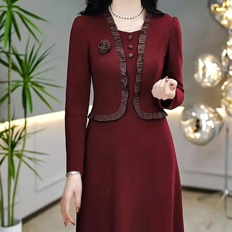 冬季名媛妈妈装假两件连衣裙2025秋冬季新款气质加绒加厚高档裙子