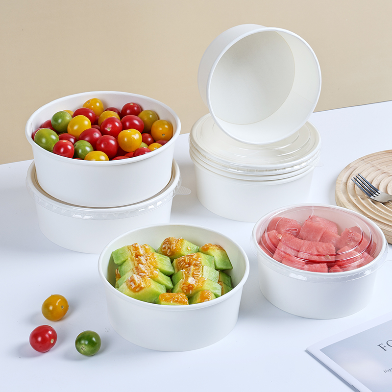 一次性加厚食品级白色圆形牛皮纸碗带盖打包盒一次性的食品级