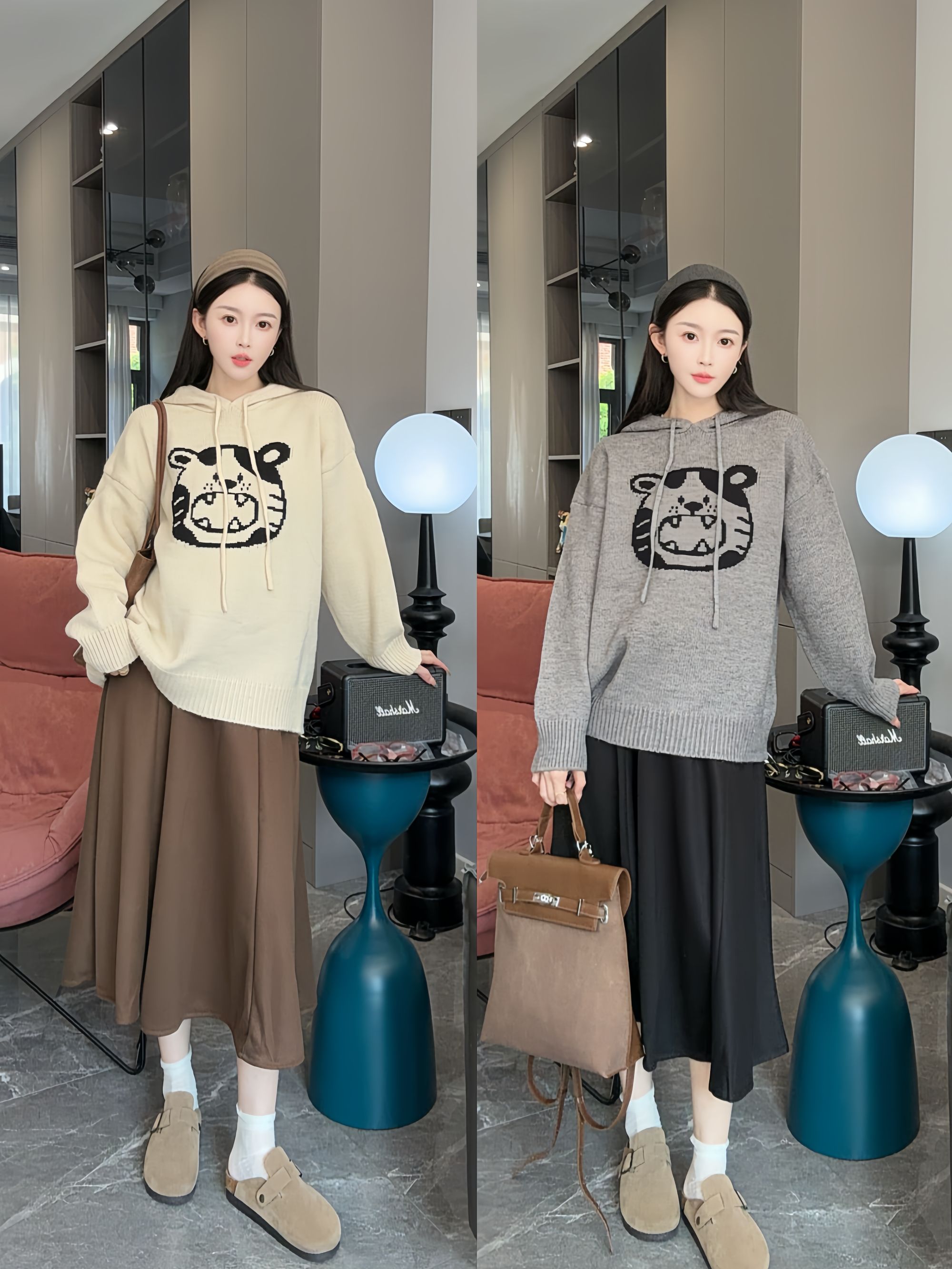 时尚宽松显瘦2025新款连帽套头毛衣半身裙加厚套装裙子女连帽衫女