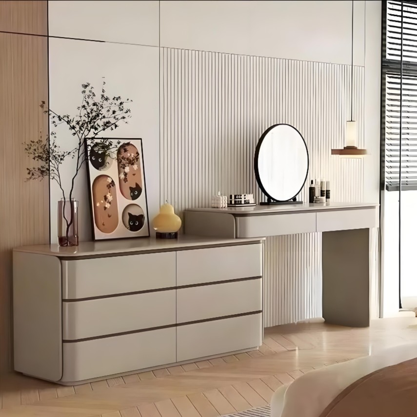 新中式梳妆台意式烤漆实木斗柜一体梳妆台卧室家用转角化妆桌斗柜