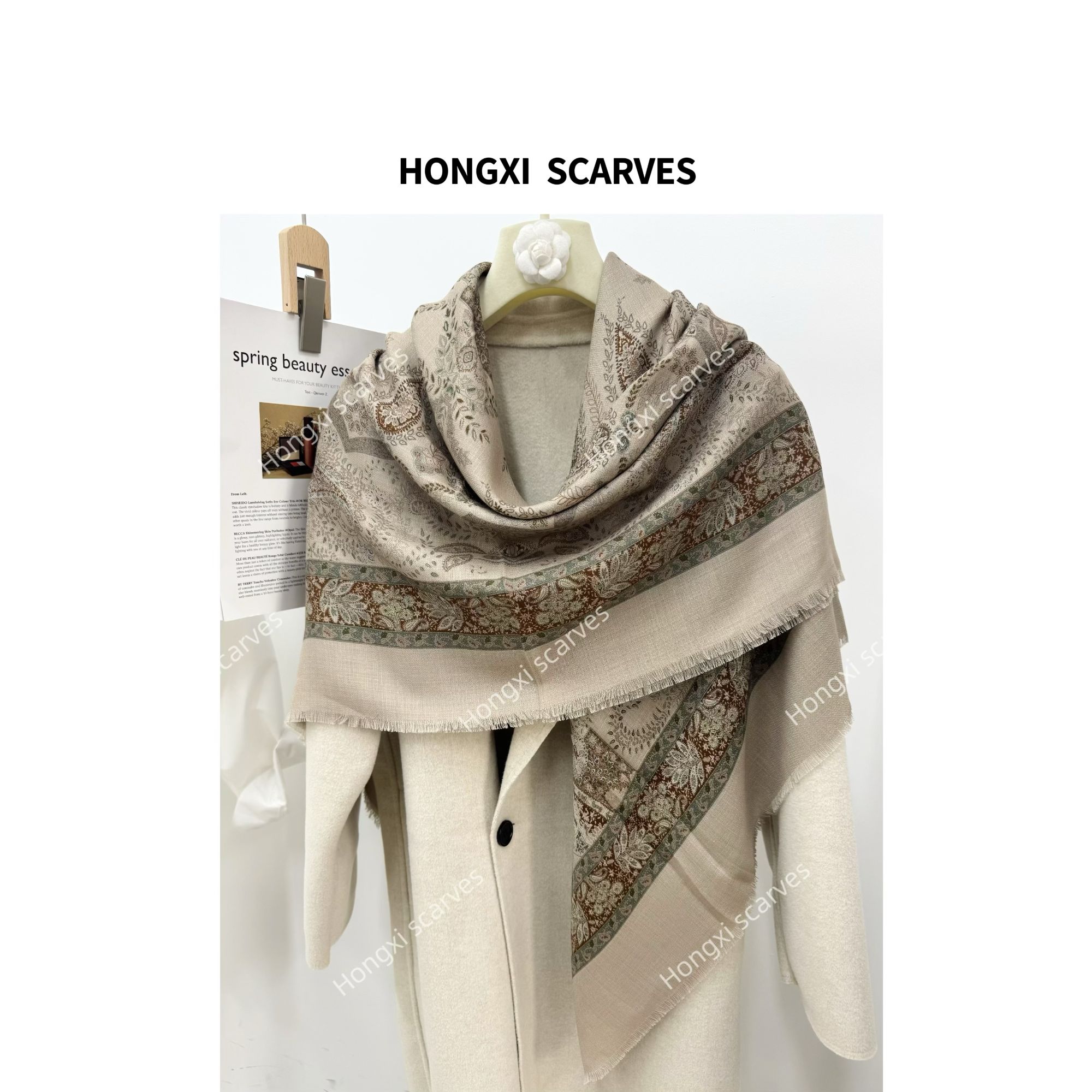 真丝羊毛lp钻石纹莫兰迪复古腰果135方巾丝巾搭配围巾大披肩H196