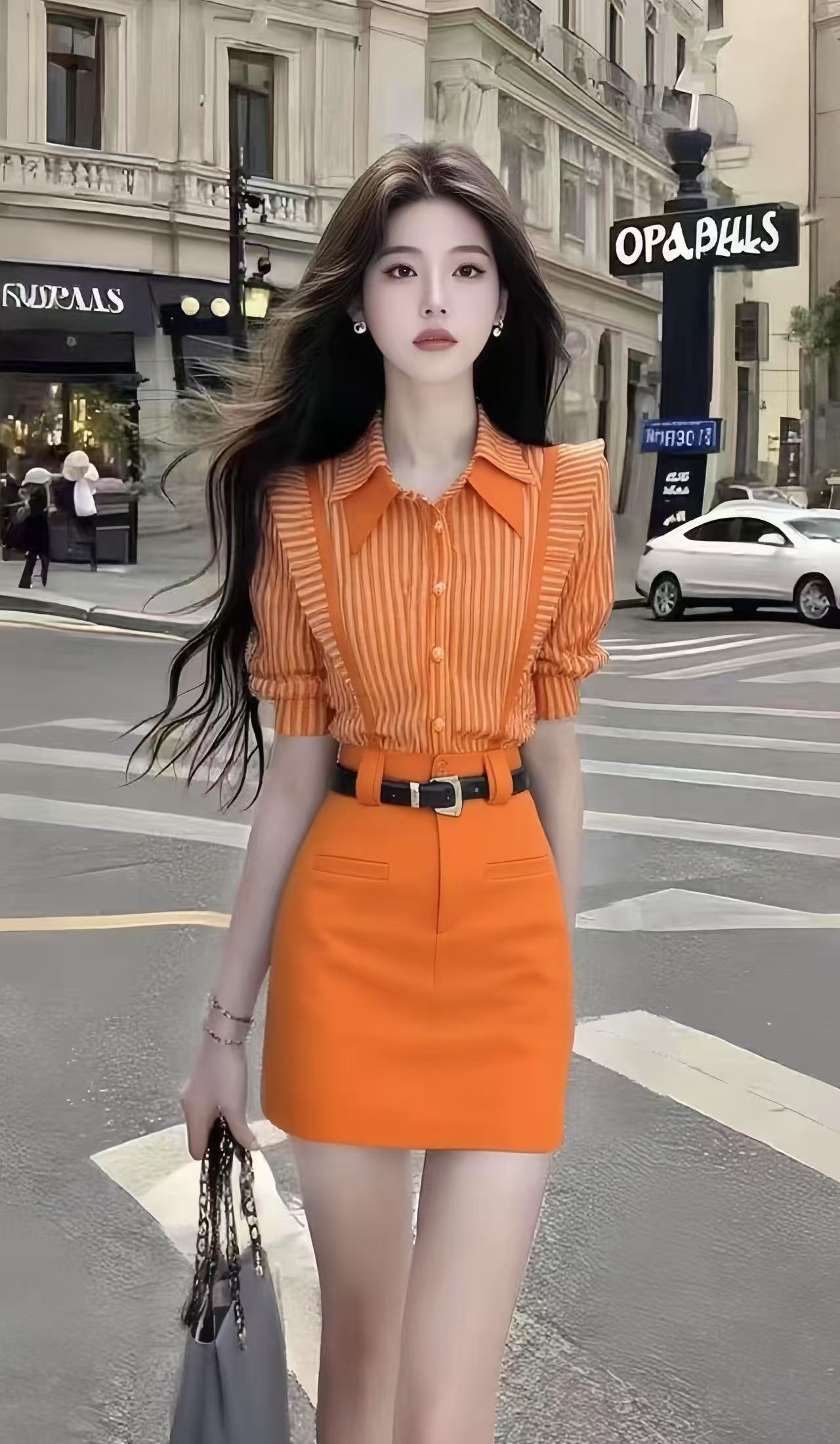 轻奢时尚气质名媛通勤风穿搭修身条纹衬衫上衣+高腰半裙橙色套装