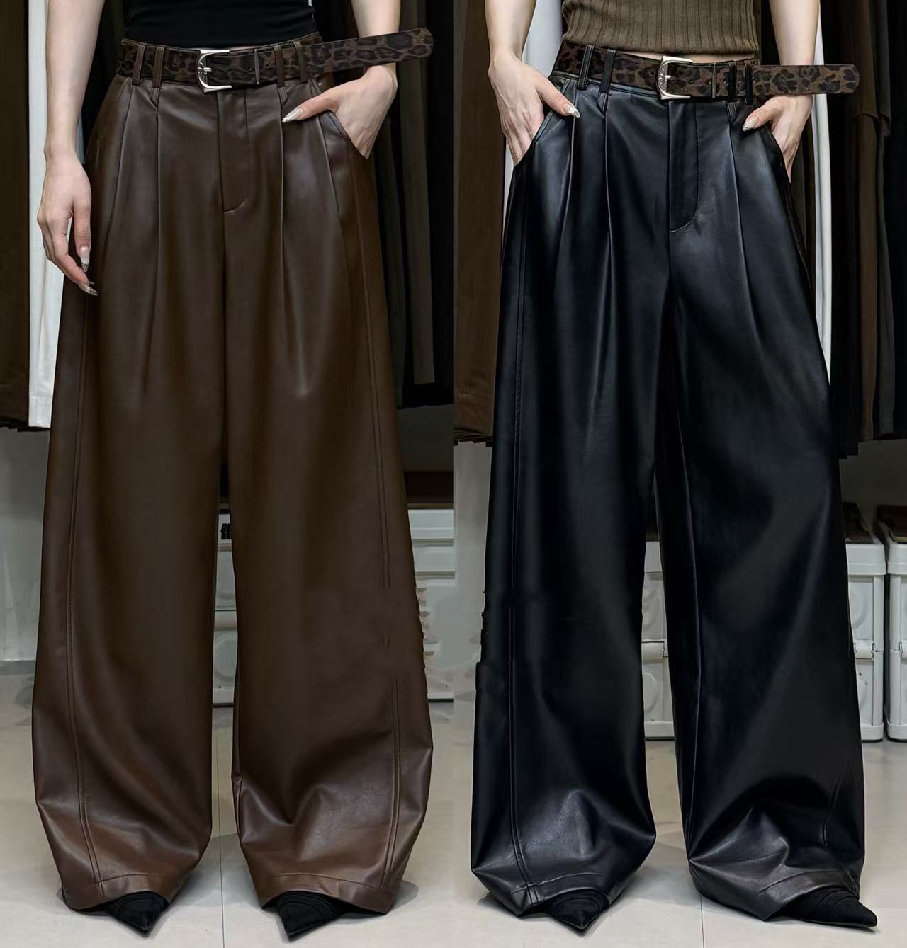 [二小姐]深圳欧货秋高腰压褶阔腿皮裤蛇纹腰带装饰宽松显瘦