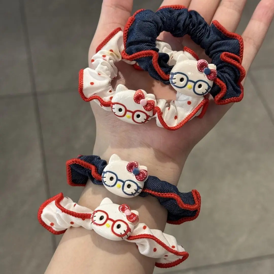 可爱牛仔KT猫发圈甜美少女马尾高弹力扎头马尾小肠圈慵懒风发饰