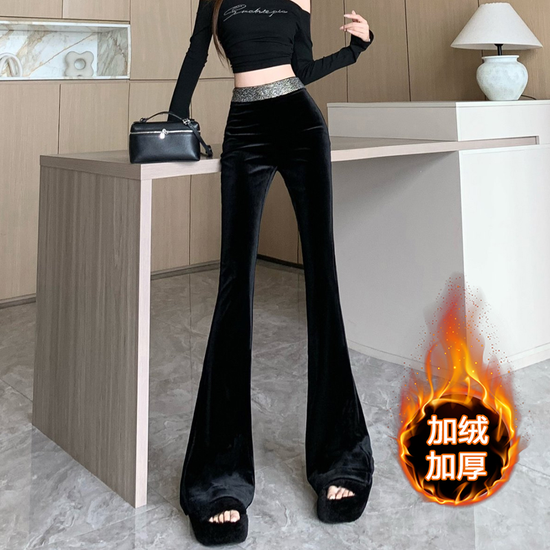 加绒加厚丝绒微喇裤女秋冬设计感烫钻高腰裤修身显瘦休闲拖地长裤