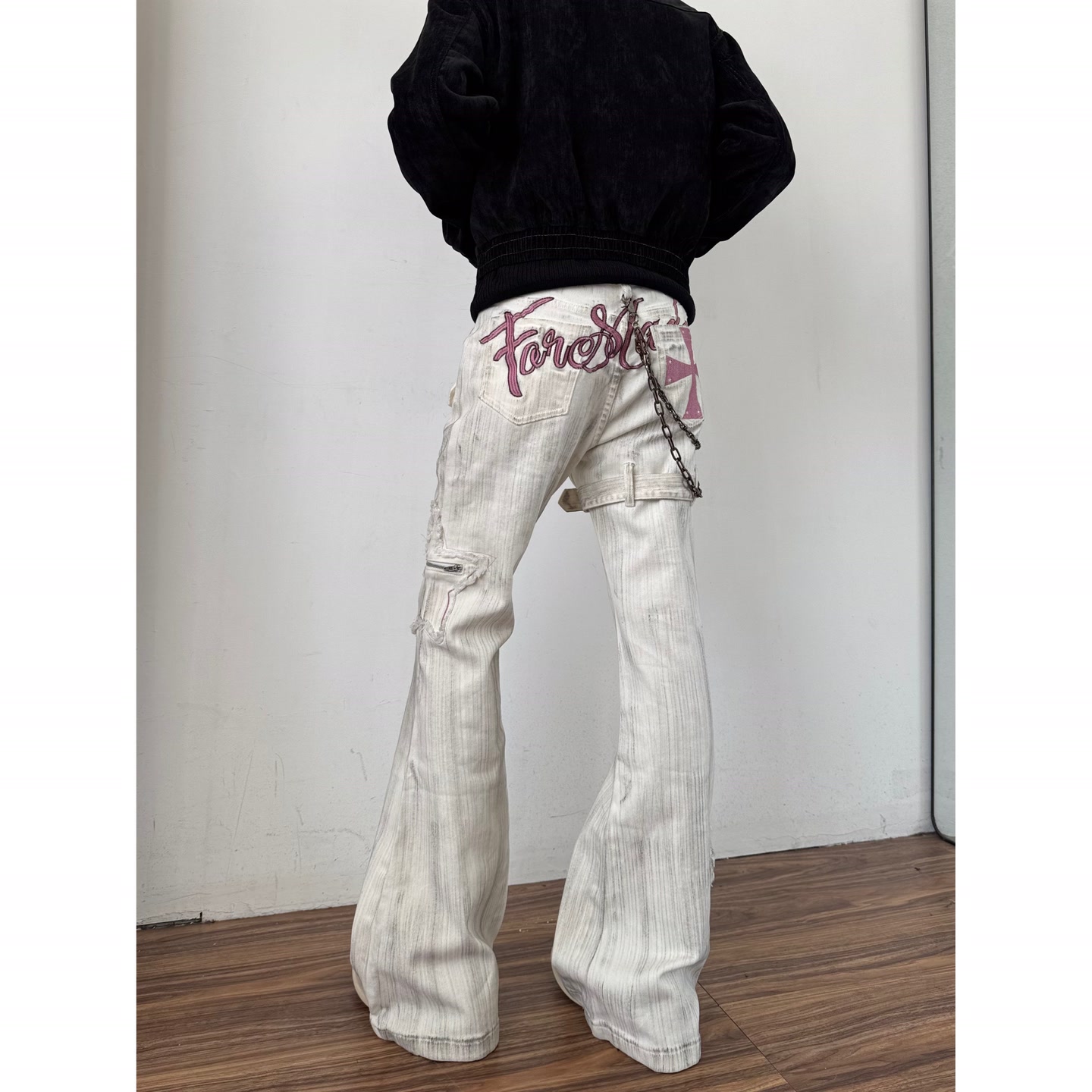 美式复古刺绣绑带微喇牛仔裤直筒裤子加厚秋冬款裤子微喇裤5889